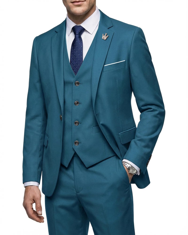 MYS MY'S Men's 3 Piece Suit Set with Tie, One Button Slim Fit Jacket Vest & Pants, Party Wedding Prom Blazer Waistcoat & Trousers, Light Blue Small - Image 1